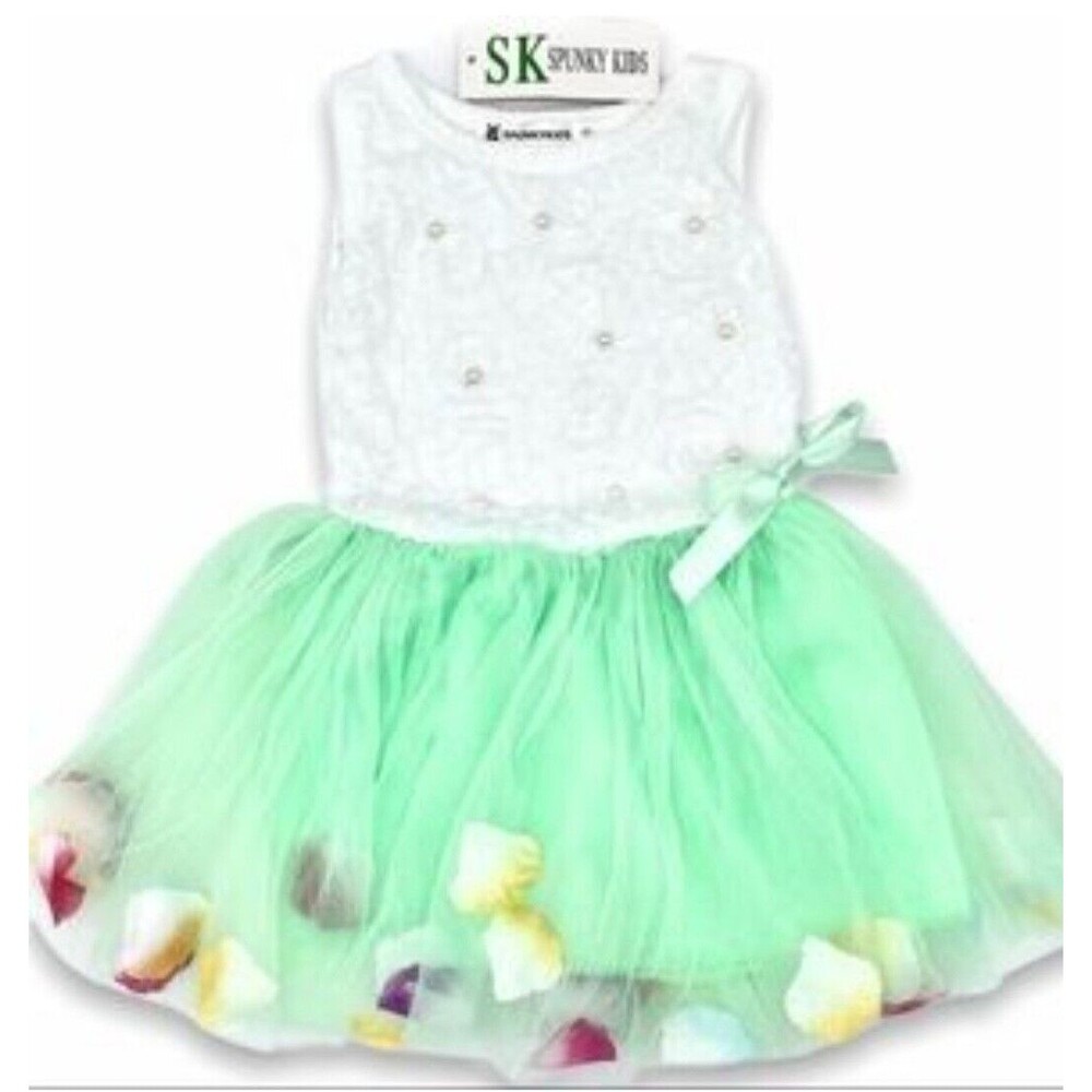 BABY Girl 6M Tutu Petal Dress Pastel Green Tulle, White Top Lace Pearls Bow NWT